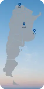 Map of Argentina with the three JOY destinations: Jujuy, Córdoba and Buenos Aires