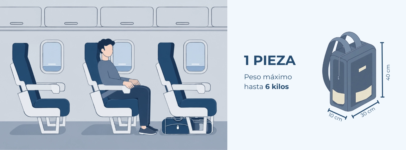 Equipaje de mano: 1 pieza de hasta 6 kilos y 40 x 30 x 10 cm, que se guarda bajo el asiento