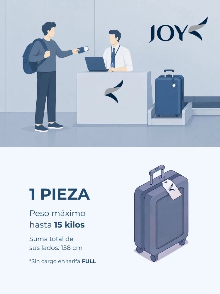 Equipaje a entregar en la escalera: 1 pieza de hasta 9 kilos y 45 x 35 x 20 cm, sin cargo en tarifas Classic y Full