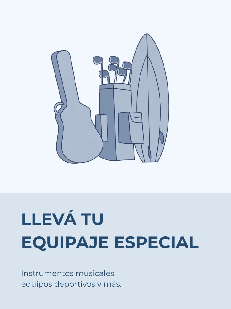 Equipaje especial: instrumentos musicales, equipos deportivos y más. Ilustración de guitarra, palos de golf y tabla de surf
