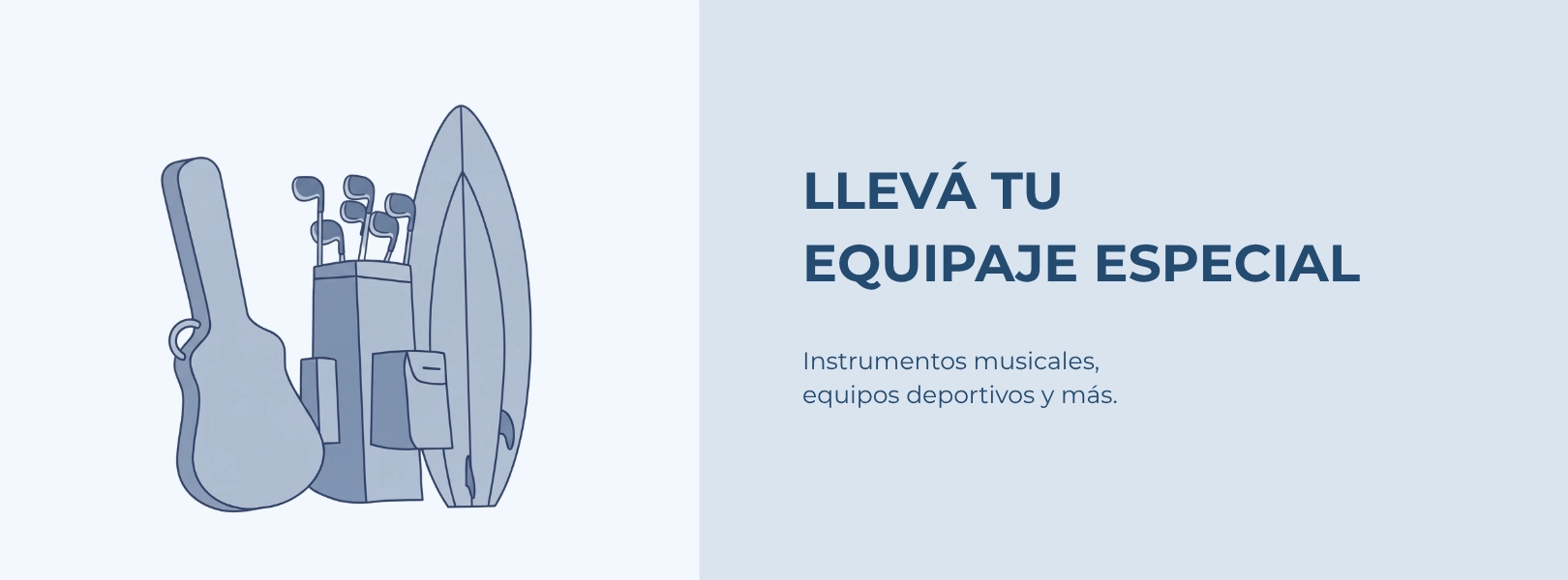 Equipaje especial: instrumentos musicales, equipos deportivos y más. Ilustración de guitarra, palos de golf y tabla de surf