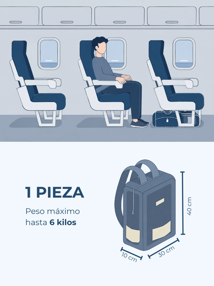 Equipaje de mano: 1 pieza de hasta 6 kilos y 40 x 30 x 10 cm, que se guarda bajo el asiento