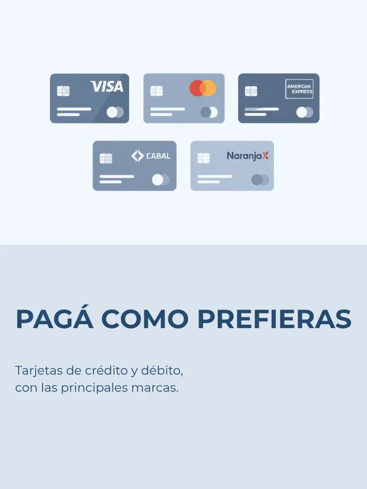 Pagá como preferís: tarjetas de crédito y débito con las principales marcas. Ilustración de tarjetas Visa, Mastercard, American Express, Cabal y Naranja X
