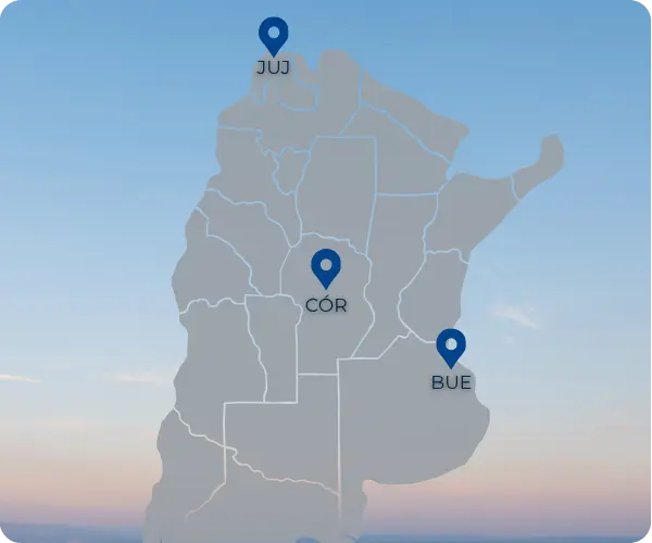 Map of Argentina with the three JOY destinations: Jujuy, Córdoba, Buenos Aires