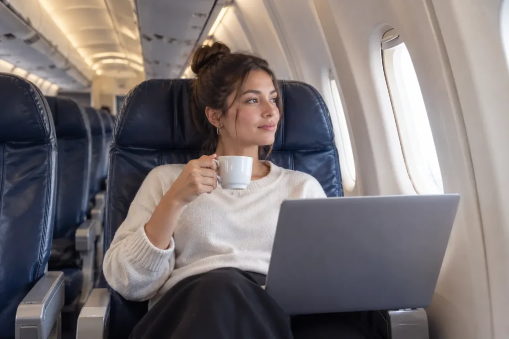 Passageira com uma xícara de café e um notebook no colo, olhando pela janela do avião