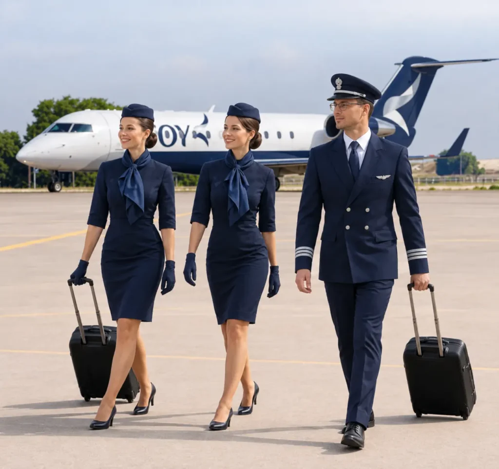 Dos azafatas y un piloto con uniforme azul de Joy caminando con sus valijas por la plataforma, con un avión de Joy detrás